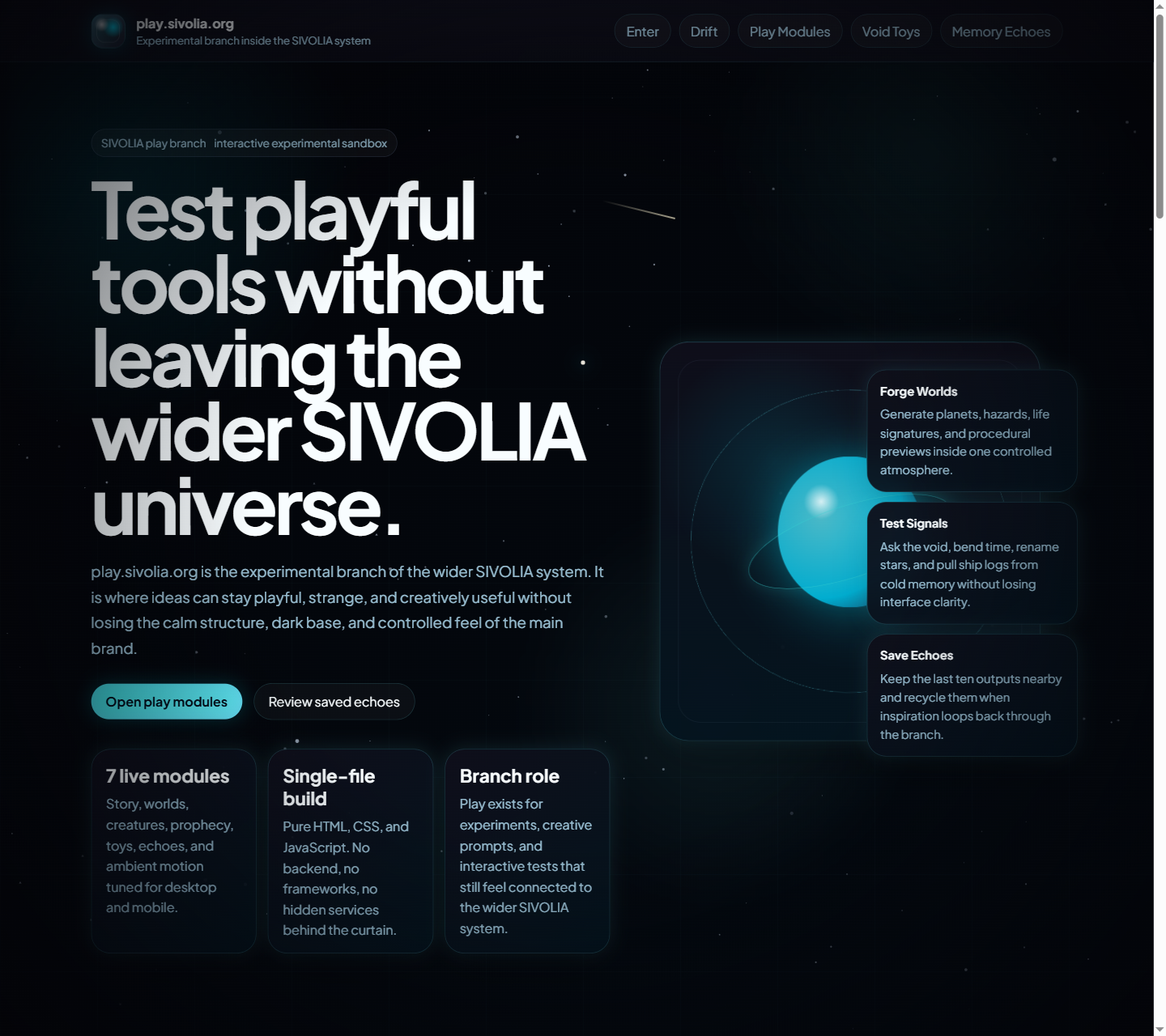 Homepage screenshot of play.sivolia.org in a browser frame