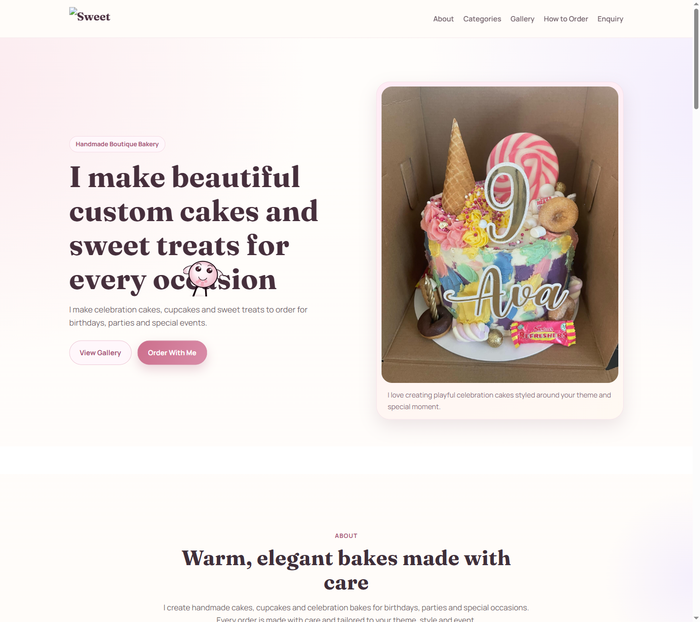 Homepage screenshot of the Sweet Sentiments bakery site in a browser frame